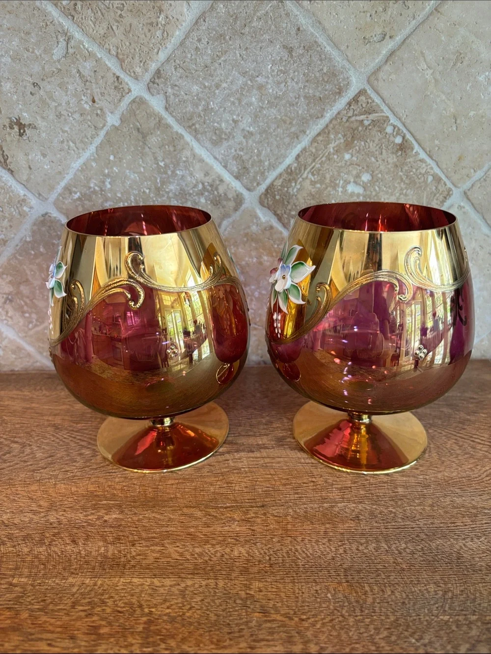Vintage Bohemian/Czech Hand-Painted Floral Brandy Glasses - Set of 2